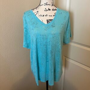 Lane Bryant Blue Aqua colored Short Sleeve Top, Sheer Paisley Pattern, Sz 14/16